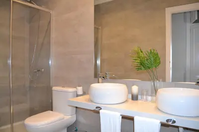 a bathroom with a toilet and a sink and a shower at Sherryflat Caballeros - Parking in Jerez de la Frontera