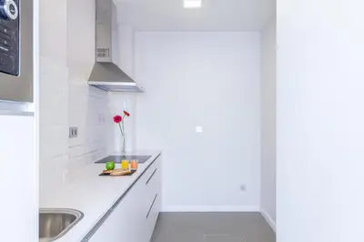a white kitchen with a sink and a vase of flowers at Tandem Ancha 34 in Cádiz