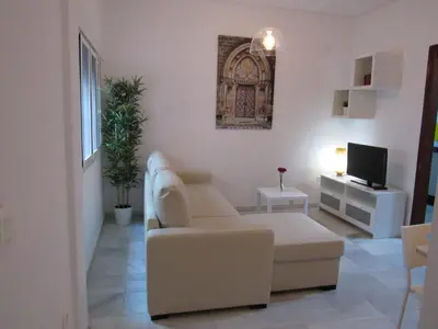 a living room with a white couch and a tv at Apartamento Alameda in Cádiz