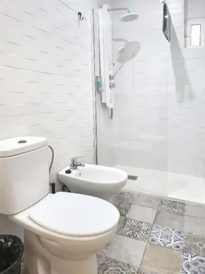 a white bathroom with a toilet and a shower at Playa de la Caleta, Cadiz in Cádiz