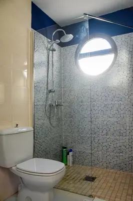 a bathroom with a toilet and a shower with a window at Vem Al Puerto De Santa Maria in El Puerto de Santa María