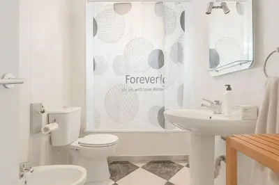 a bathroom with a toilet and a shower curtain at Apartamento con Vistas al González Byass in Jerez de la Frontera