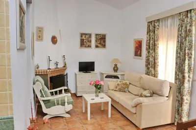a living room with a couch and a fireplace at Chalet Chaparrillo Conil in Conil de la Frontera