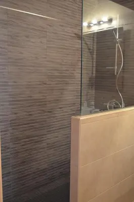 a bathroom with a shower with a glass wall at Apartamento Plaza Castañuelas in Jerez de la Frontera