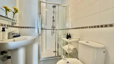 a bathroom with a toilet and a sink and a shower at SibsSanlucar Reina 2 del Centro Parking in Sanlúcar de Barrameda