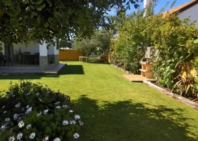 a yard with green grass and bushes and trees at Chalet la Huerta con piscina y wifi in Conil de la Frontera
