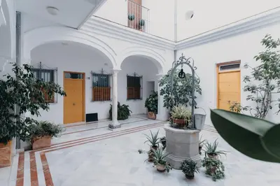 an empty room with plants in a building at Casa Palacio -Sanlúcar- in Sanlúcar de Barrameda