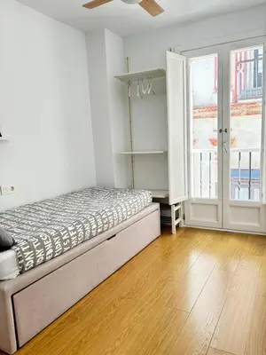 a bedroom with a bed in a room with a window at LUMINOSO APARTAMENTO en el centro de Cádiz in Cádiz