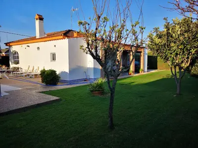 a house with a green yard with two trees at Chalet en Hozanejos RS in Chiclana de la Frontera