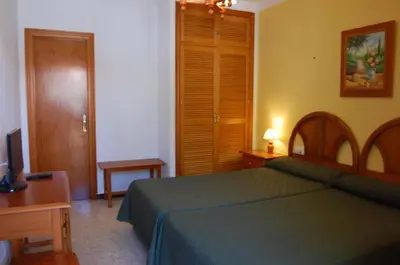 a bedroom with a bed and a desk and a television at Hotel Antonio Conil in Conil de la Frontera