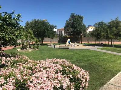 a park with pink flowers and a person sitting on a bench at Casa Manzanilla in Sanlúcar de Barrameda