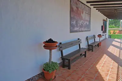 a hallway with benches and plants on a wall at Hacienda Puerto Conil in Conil de la Frontera