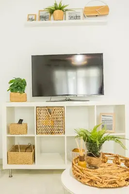 a flat screen tv on a white shelf with plants at Pisoelpuerto in El Puerto de Santa María
