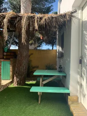 a picnic table in front of a building with a tree at Casa Rural Los Pepe Sancti Petri in Chiclana de la Frontera