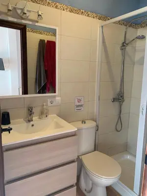 a bathroom with a sink and a toilet and a shower at Casa Rural Los Pepe Sancti Petri in Chiclana de la Frontera