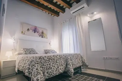 a bedroom with a bed with a black and white comforter at Apartamentos casa palacio in El Puerto de Santa María