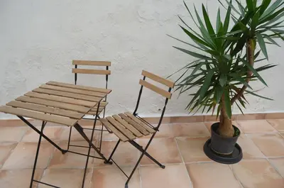 two wooden chairs and a table and a potted plant at Lofts Miriam in Cádiz