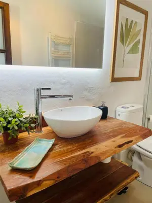 a bathroom with a bowl sink on a wooden counter at Casa palacio reformada S.XVIII in Sanlúcar de Barrameda