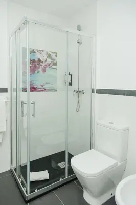 a bathroom with a glass shower with a toilet at ASTUTO 21 Suites - Adults Only in Jerez de la Frontera