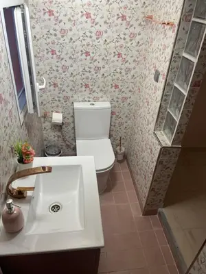 a bathroom with a white sink and a toilet at Palast Stieg Guest House in Jerez de la Frontera