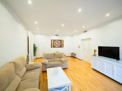 a living room with a couch and a flat screen tv at Amplio Apto Centro vistas Torneria fjhomefj in Jerez de la Frontera