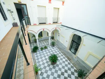 an indoor courtyard of a building with potted plants at Amplio Apto Centro vistas Torneria fjhomefj in Jerez de la Frontera