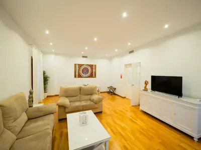 a living room with a couch and a flat screen tv at Amplio Apto Centro vistas Torneria fjhomefj in Jerez de la Frontera