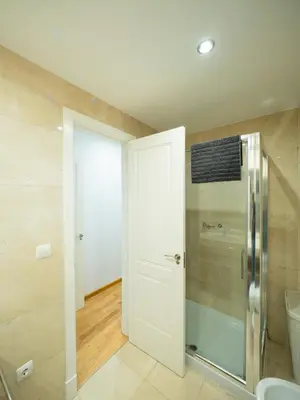 a bathroom with a shower and a glass door at Amplio Apto Centro vistas Torneria fjhomefj in Jerez de la Frontera