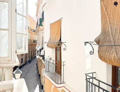 a narrow alley with windows and a basket on a balcony at Posada Flamenco Grupo AC Gestion in Cádiz