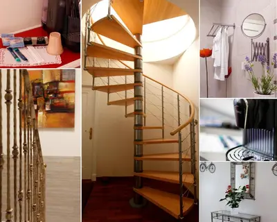 a spiral staircase in a living room and a collage of photos at Hostal Paris in San Fernando