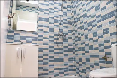a bathroom with a shower with blue and white tiles at Casa Rural Zara I in Conil de la Frontera