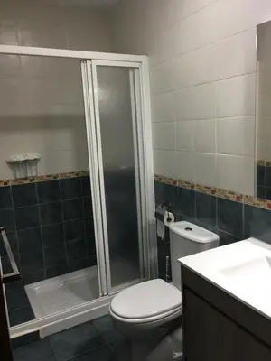 a bathroom with a shower and a toilet and a sink at Casa de Corralón in Cádiz
