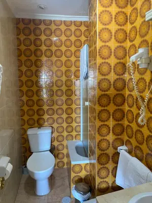 a bathroom with a toilet and a yellow tiled wall at Hotel Medina Centro in Jerez de la Frontera