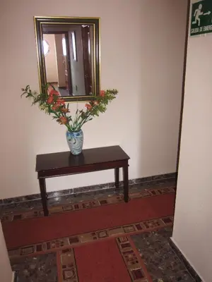 a vase with flowers on a table with a mirror at Hotel Restaurante El Lago in Arcos de la Frontera