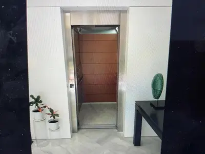 a hallway with a door and a table and potted plants at CASA PALACIO en Jerez de la Frontera con piscina privada in Jerez de la Frontera