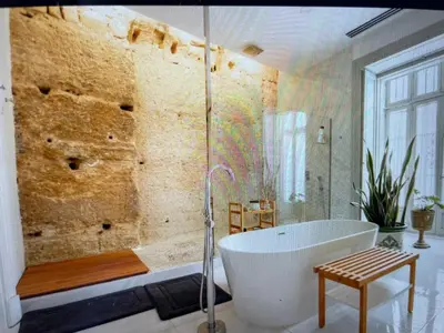 a bathroom with a white tub and a shower at CASA PALACIO en Jerez de la Frontera con piscina privada in Jerez de la Frontera