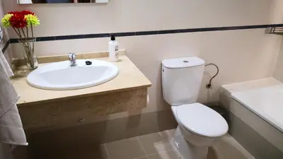 a bathroom with a white toilet and a sink at Zambra. Luminoso y coqueto apartamento en Chiclana in Chiclana de la Frontera