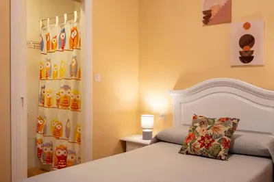a bedroom with a bed and a curtain with oranges at Sanvi Xerez Centro in Jerez de la Frontera