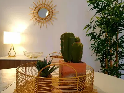 a table with a basket with plants and a mirror at Sherryflat Paralejo 10 - Parking in Jerez de la Frontera