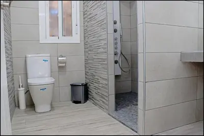 a bathroom with a toilet and a shower at Bungalow La Roa V in Conil de la Frontera