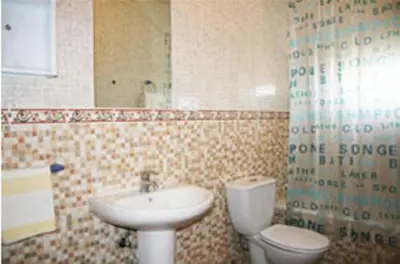 a bathroom with a sink and a toilet and a mirror at Apartamentos La Palmera in Conil de la Frontera