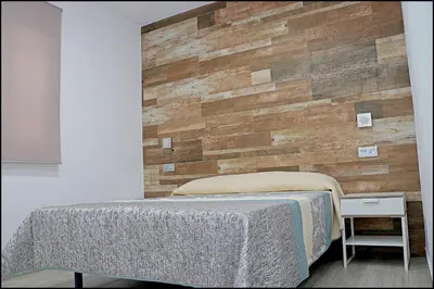 a bedroom with a wooden accent wall and a bed at Bungalow La Roa IV in Conil de la Frontera