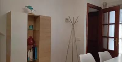 a living room with a plant in the corner of a room at Apartamento Aldama en el centro de Sanlúcar de Barrameda in Sanlúcar de Barrameda