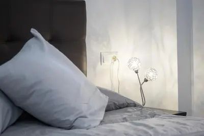 a bed with a pillow and two flowers on it at Apartamento ateneo in Sanlúcar de Barrameda