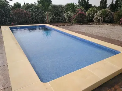 a swimming pool with blue water in a yard at Alojamiento Rural - Finca Santa Margarita in Algar