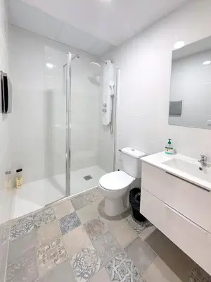 a bathroom with a toilet and a shower and a sink at Gran Teatro Falla in Cádiz
