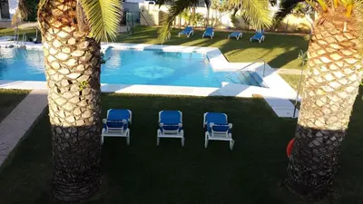 two palm trees with chairs next to a swimming pool at Apartamentos Las Parcelas in Conil de la Frontera