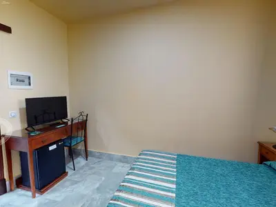 a bedroom with a bed and a desk with a television at Hotel La Parrita in Rota