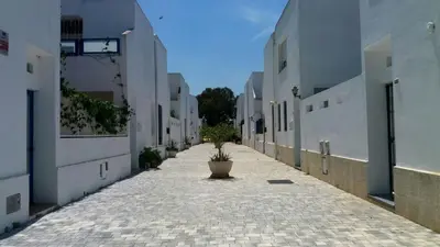 an empty alley between white buildings with a potted plant at Casa del Mar in Puerto Real