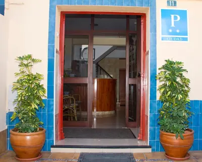 two potted plants sitting in front of a door at Pensión La Palma in El Puerto de Santa María
